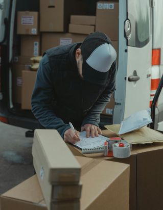 Courier organizing packages from a van, preparing for delivery in a logistics setting.